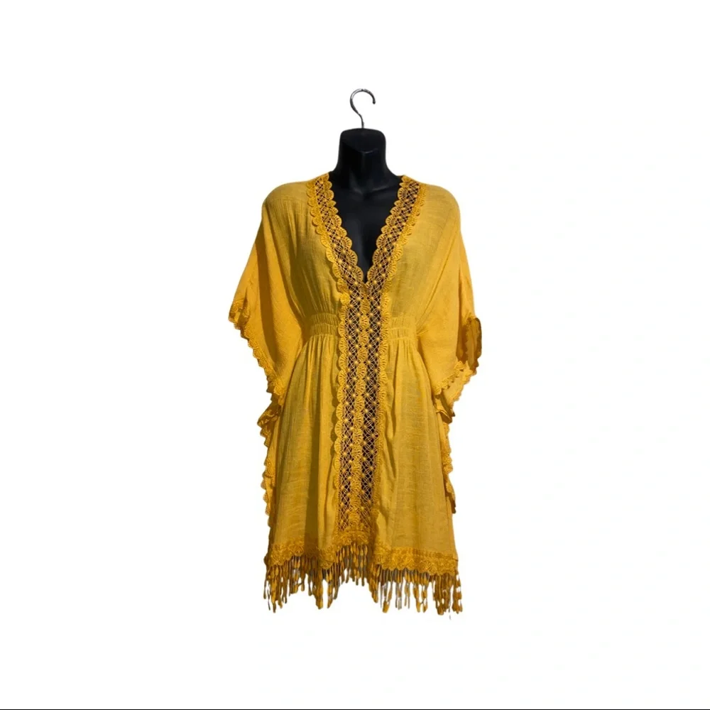 Woman's Boho Style Short Sleeve Fringe Cover Up